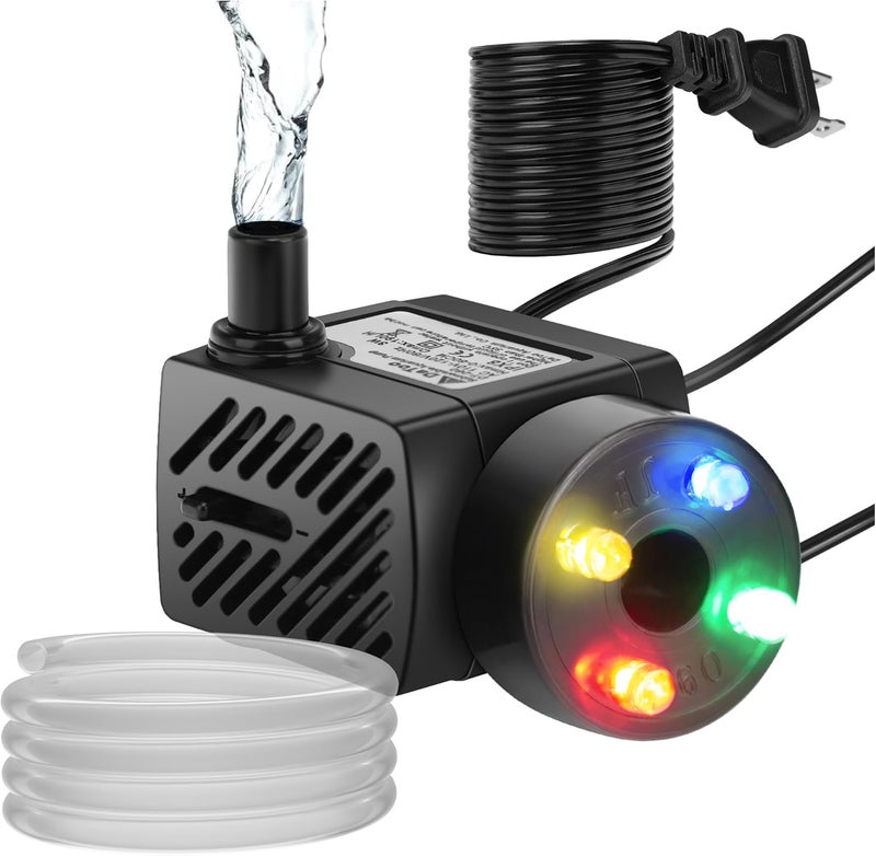 DATOO Mini Submersible Fountain Water Pump With LED Light 50GPH 3W Small Ultra Quiet Water Pump With Tubing For Aquarium Fish Tank Outdoor Pond Water Feature Fountain Statuary - Image 1